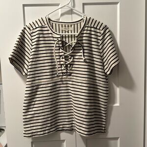 Madewell Women's Stripe Lace Up Top Short Sleeve Cream Black Women's L